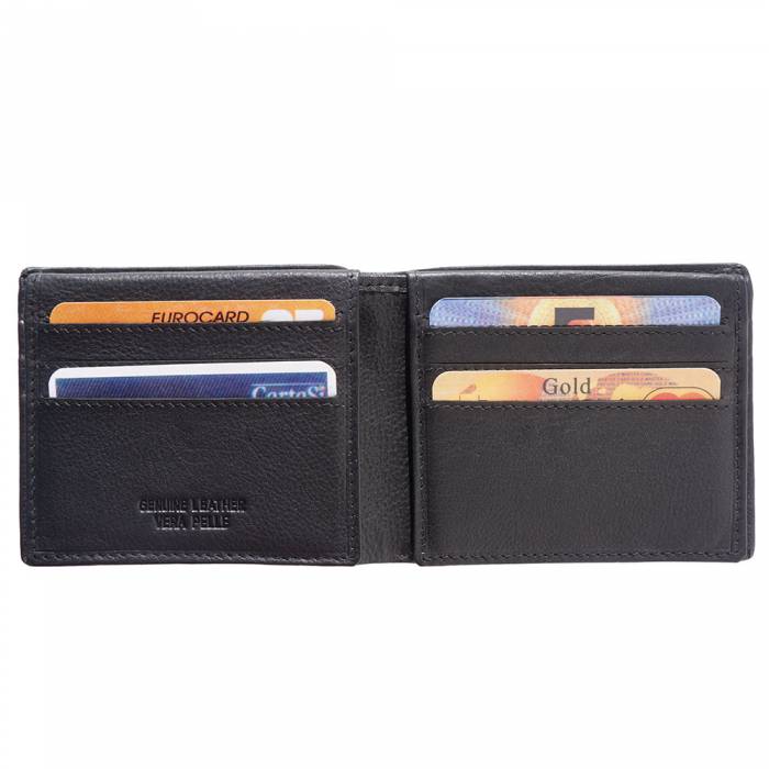 Black Italian leather wallet open to show interior card slots