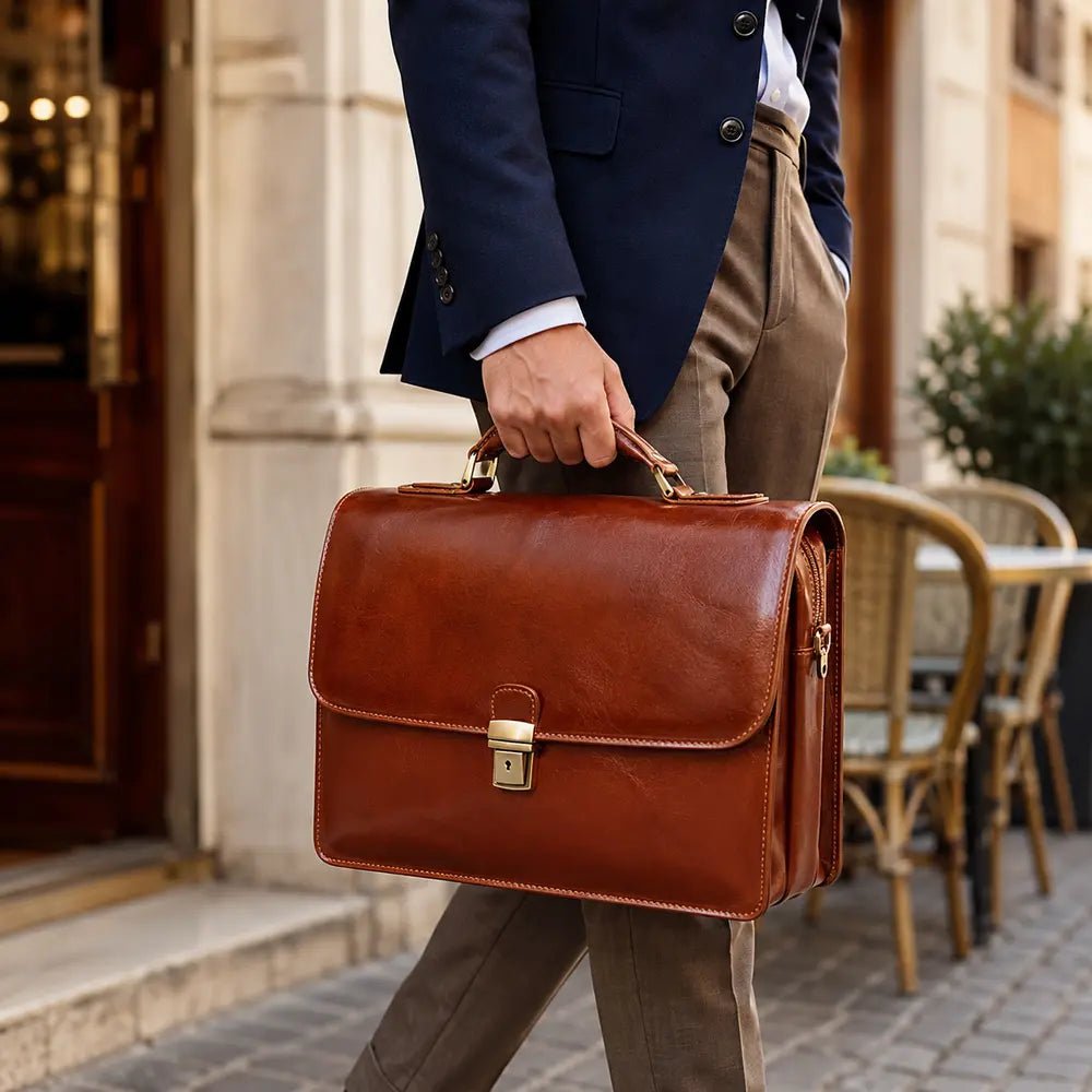Italian leather briefcase in vintage brown, handmade in Florence