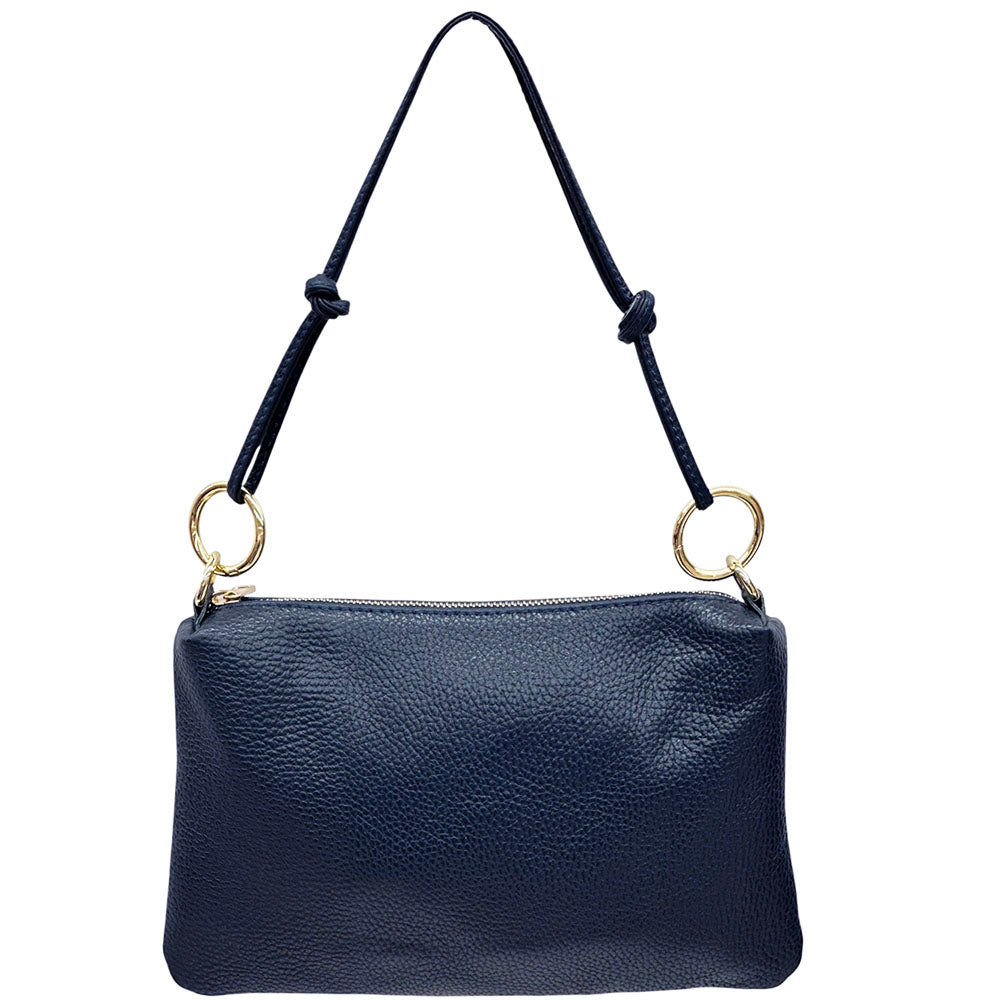 Navy blue handbag with gold rings on a white background