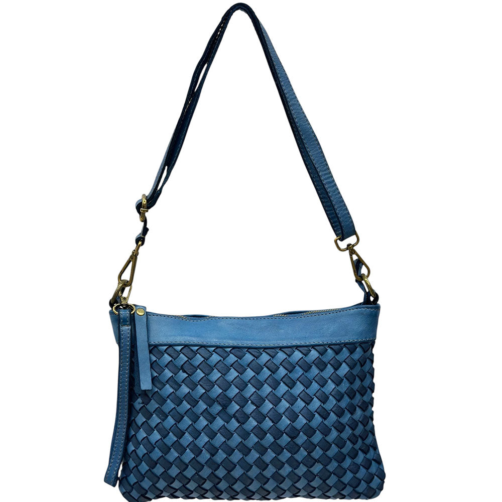 Blue woven handbag with a strap on a white background