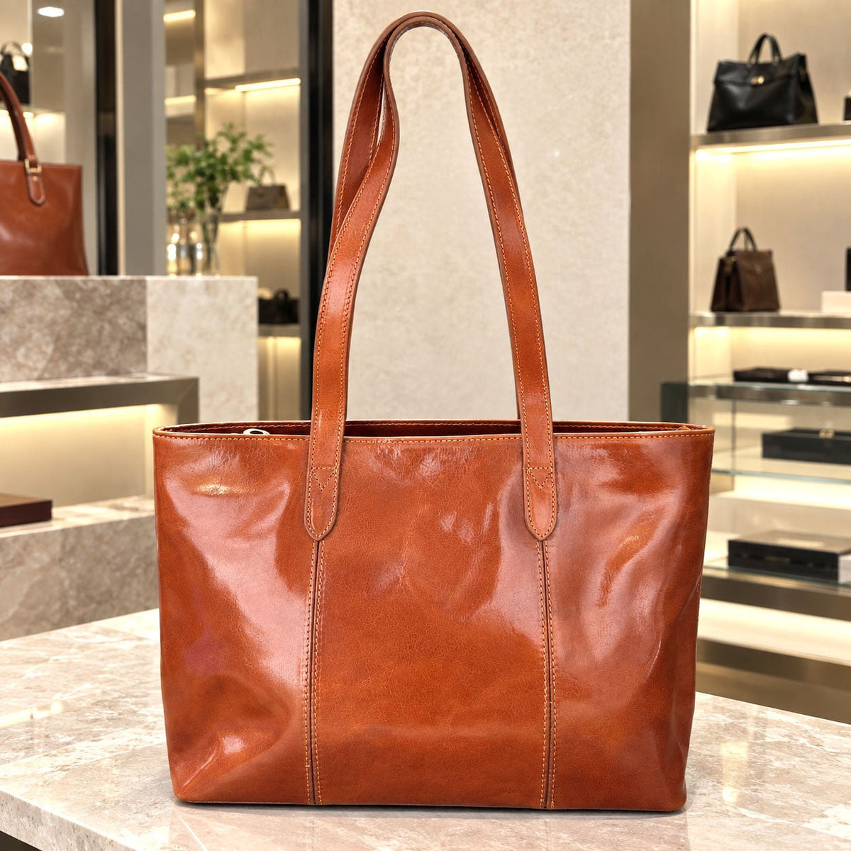 Augusta Hand-Dyed Italian Leather Work Tote - Leather Italiano
