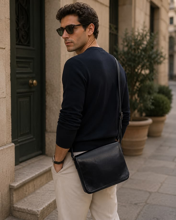 Christopher Black Leather Messenger Bag - Leather Italiano