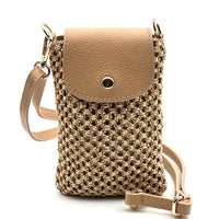 Cindy Handwoven Raffia and Italian Calfskin Phone Crossbody Bag - Leather Italiano