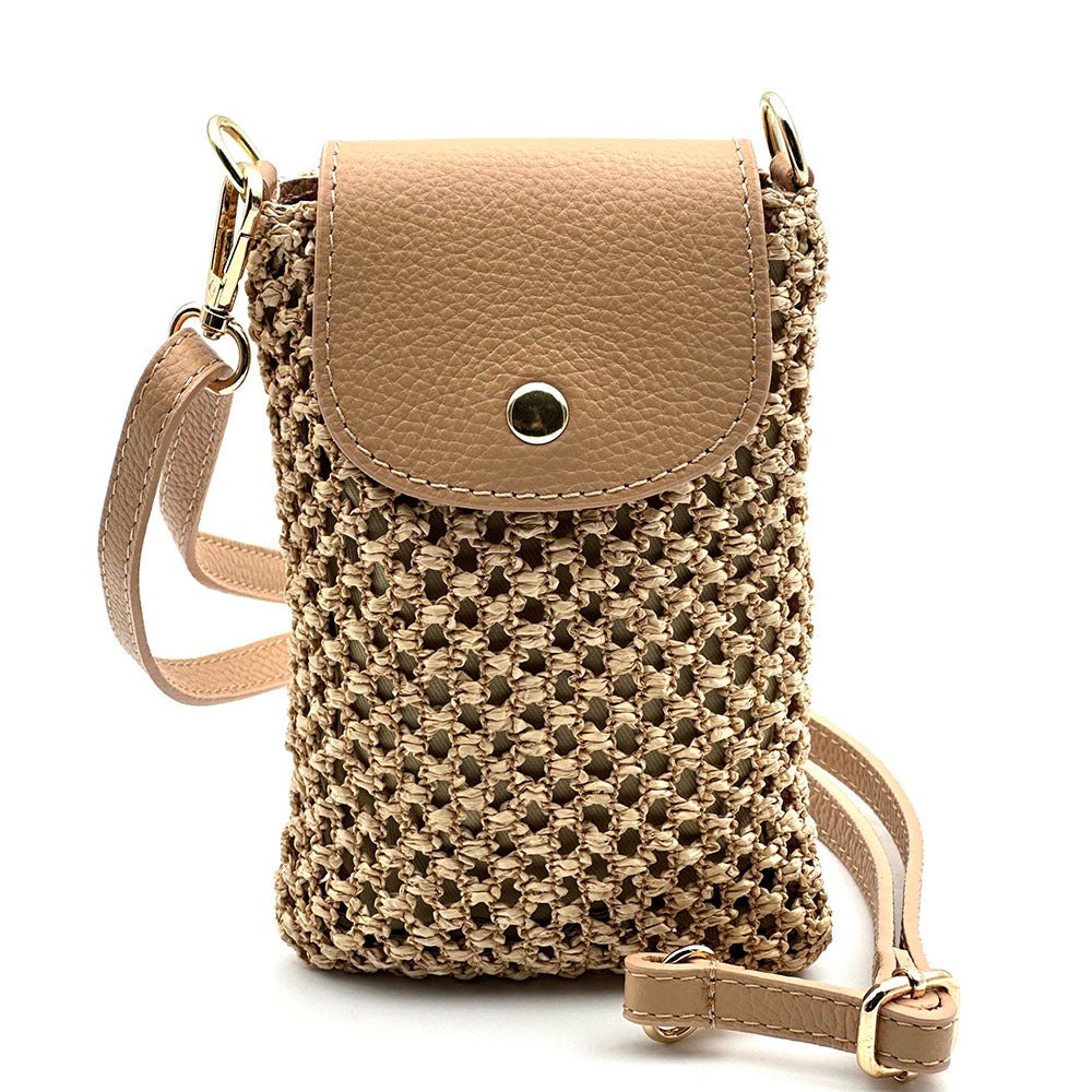Cindy Handwoven Raffia and Italian Calfskin Phone Crossbody Bag - Leather Italiano