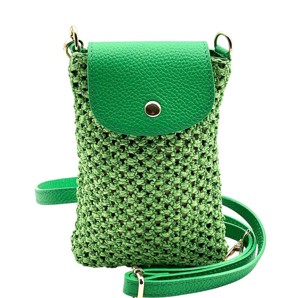 Cindy handwoven raffia and Italian calfskin phone crossbody bag