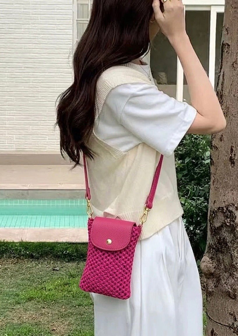 Cindy Handwoven Raffia and Italian Calfskin Phone Crossbody Bag - Leather Italiano