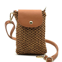 Cindy Handwoven Raffia and Italian Calfskin Phone Crossbody Bag - Leather Italiano