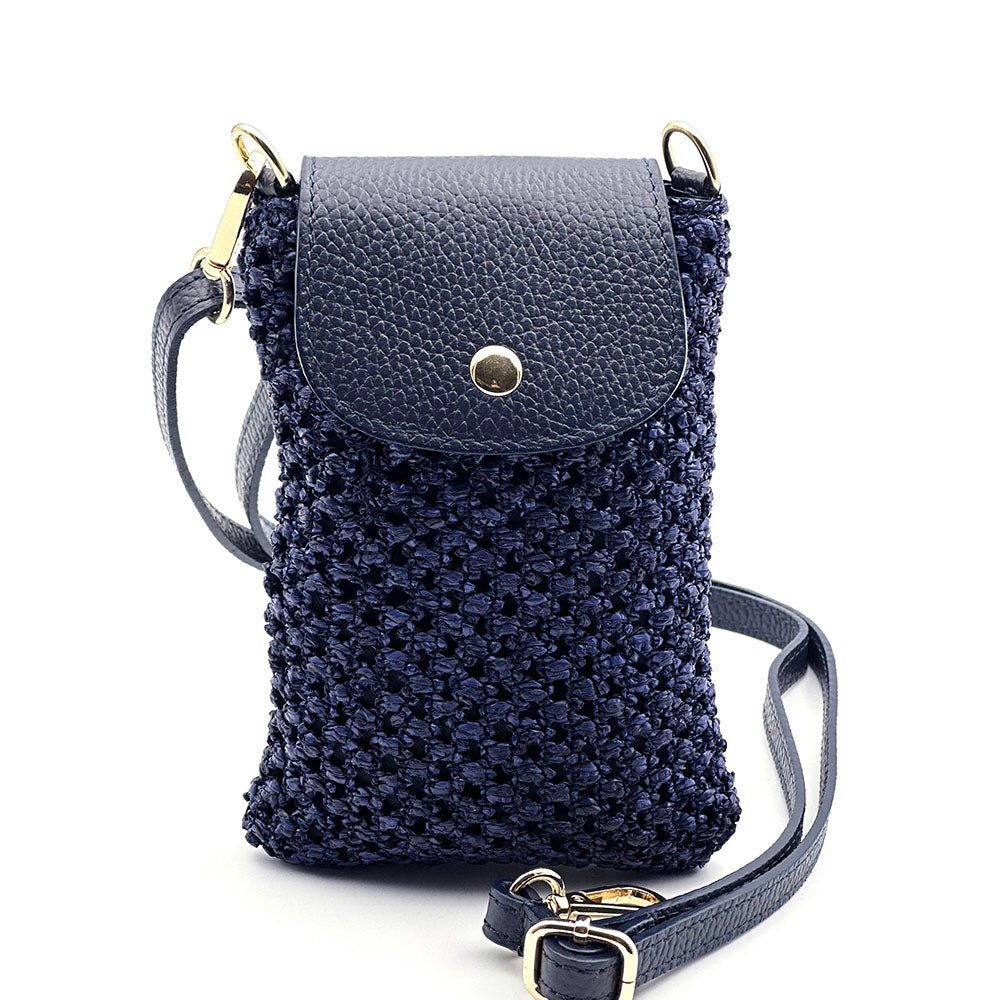 Cindy Handwoven Raffia and Italian Calfskin Phone Crossbody Bag - Leather Italiano