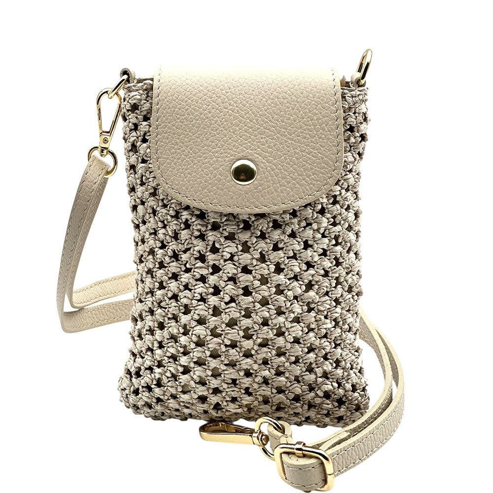 Cindy Handwoven Raffia and Italian Calfskin Phone Crossbody Bag - Leather Italiano
