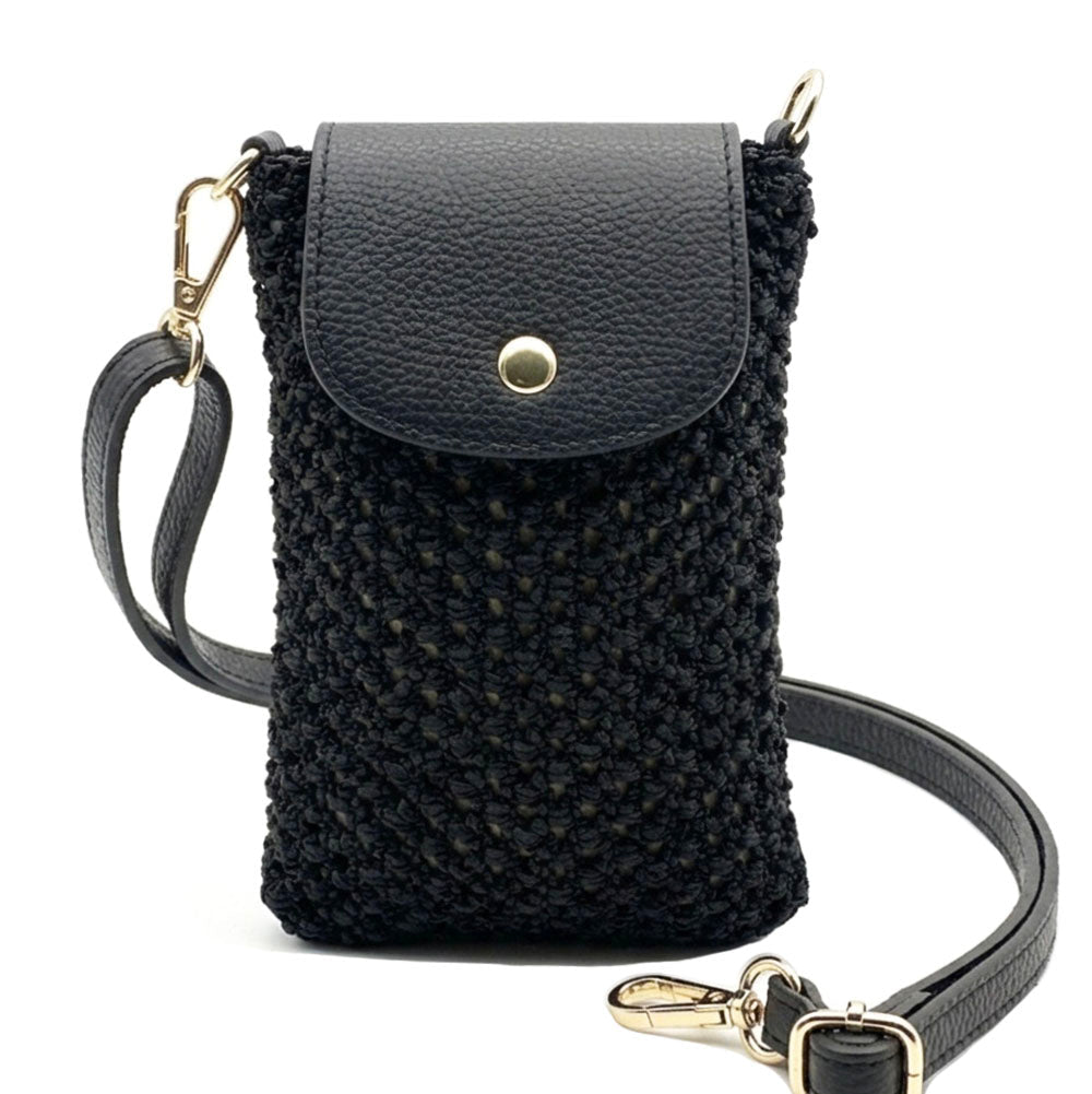 Cindy Handwoven Raffia and Italian Calfskin Phone Crossbody Bag - Leather Italiano