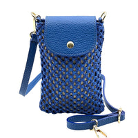 Cindy Handwoven Raffia and Italian Calfskin Phone Crossbody Bag - Leather Italiano