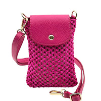 Cindy Handwoven Raffia and Italian Calfskin Phone Crossbody Bag - Leather Italiano