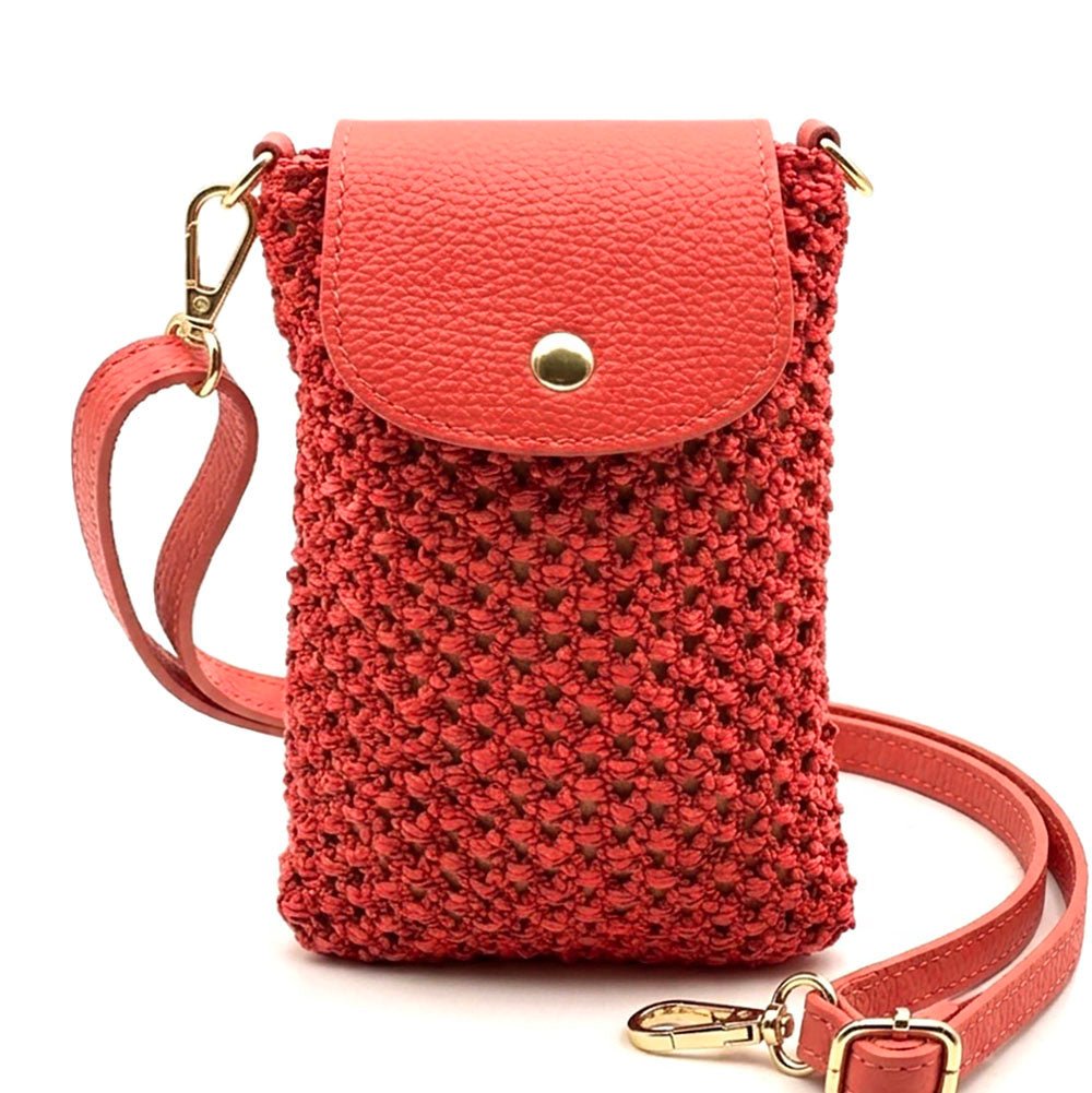 Cindy Handwoven Raffia and Italian Calfskin Phone Crossbody Bag - Leather Italiano