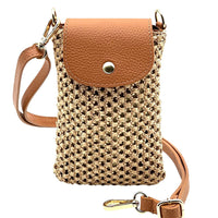 Cindy Handwoven Raffia and Italian Calfskin Phone Crossbody Bag - Leather Italiano