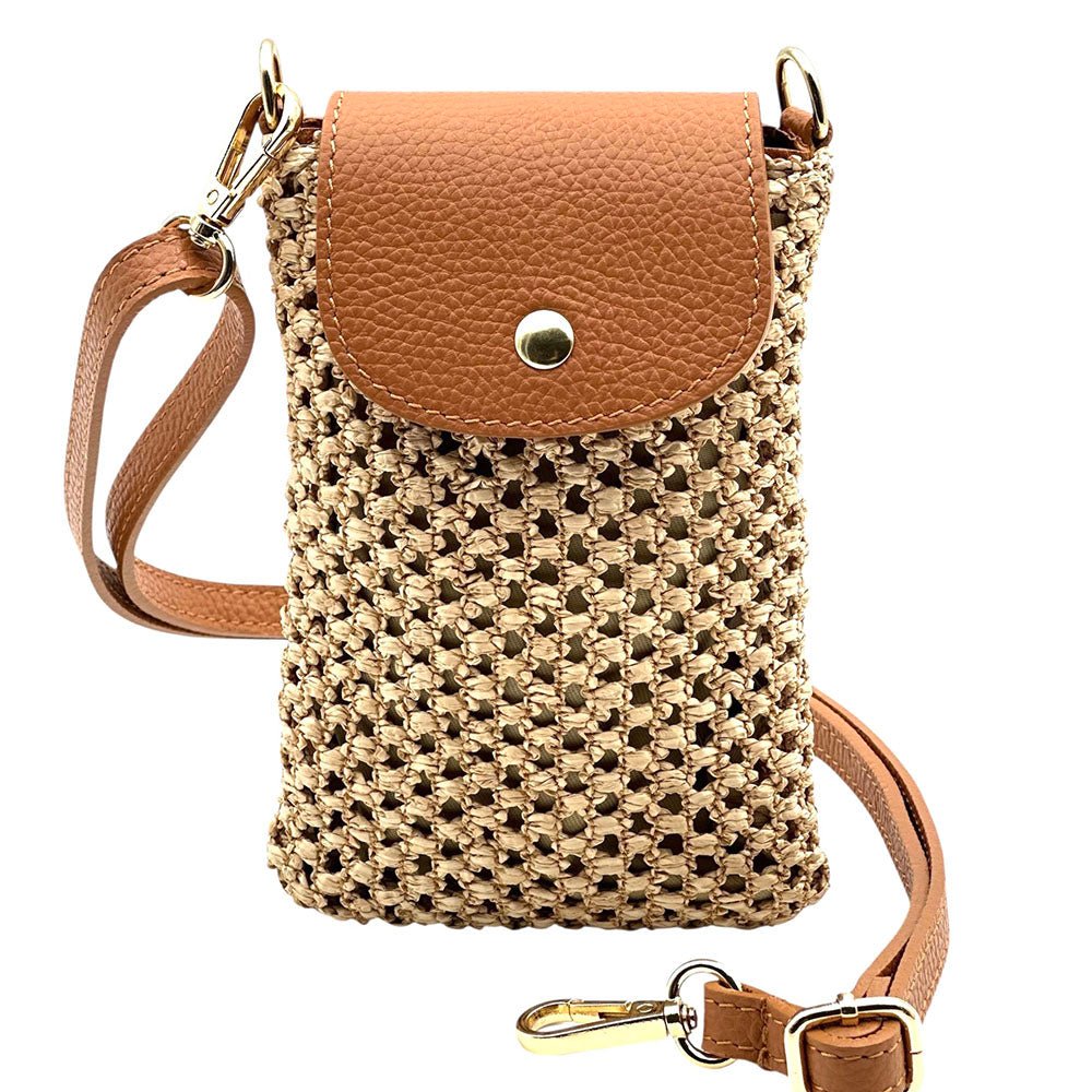 Cindy Handwoven Raffia and Italian Calfskin Phone Crossbody Bag - Leather Italiano