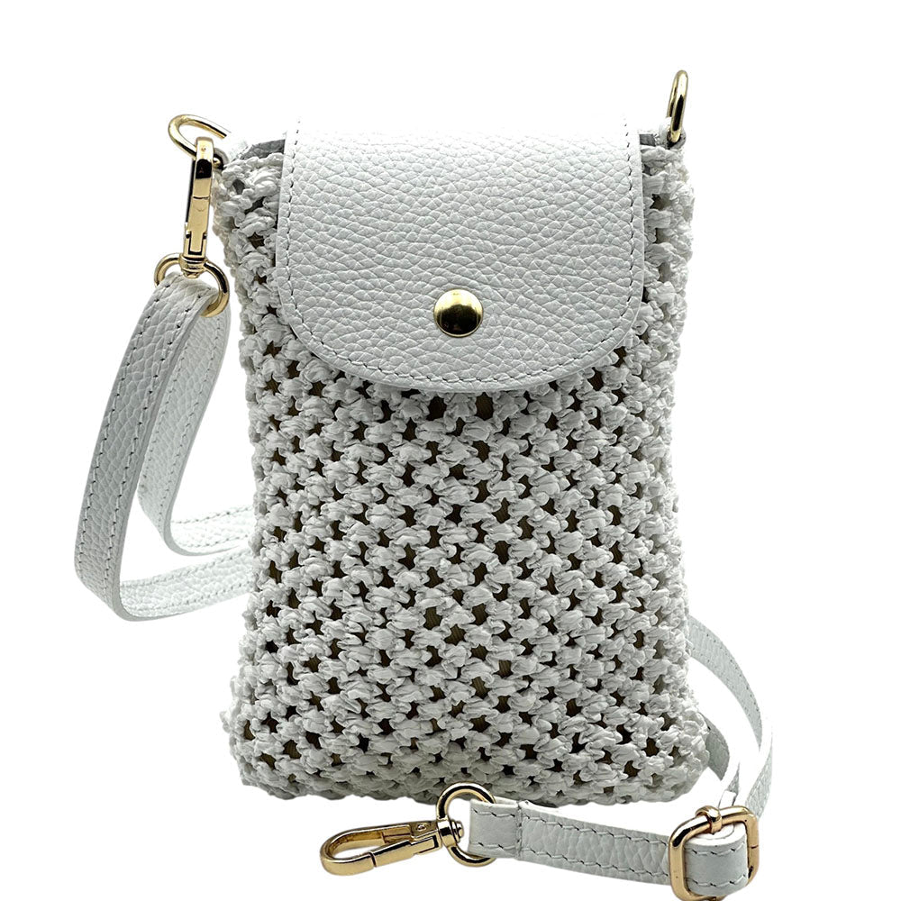 Cindy Handwoven Raffia and Italian Calfskin Phone Crossbody Bag - Leather Italiano
