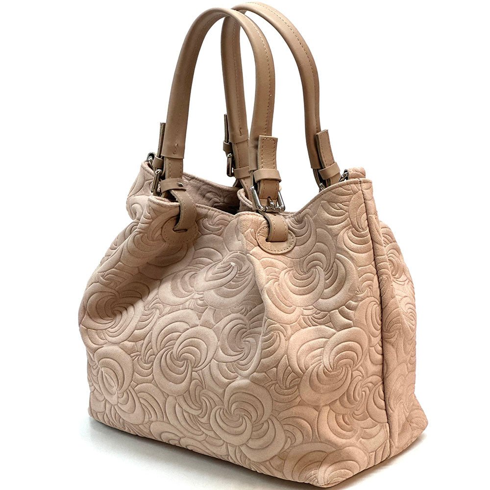 Elsa Italian Suede Tote Bag – Embossed Floral Leather Handbag - Leather Italiano