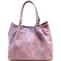 Elsa Italian Suede Tote Bag – Embossed Floral Leather Handbag - Leather Italiano