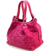 Elsa Italian Suede Tote Bag – Embossed Floral Leather Handbag - Leather Italiano