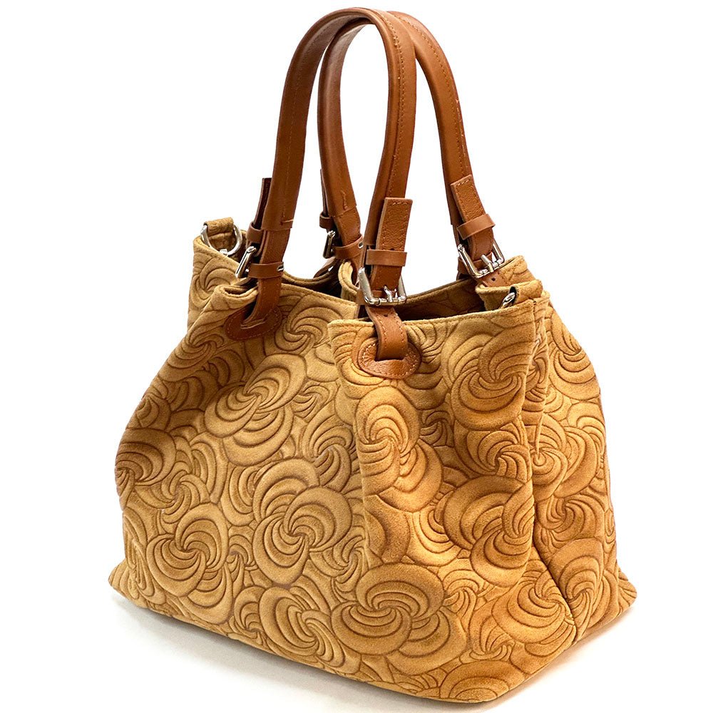 Elsa Italian Suede Tote Bag – Embossed Floral Leather Handbag - Leather Italiano