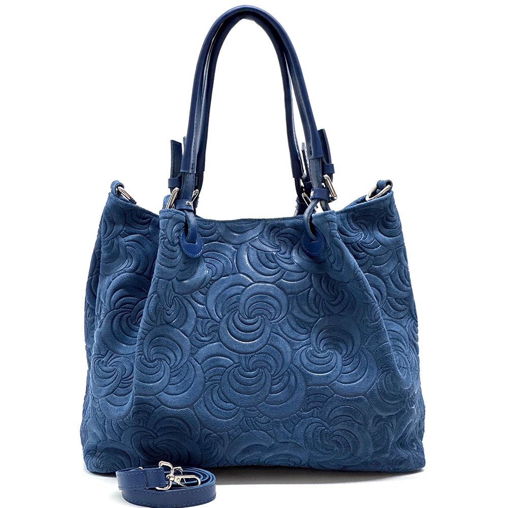 Elsa Italian Suede Tote Bag – Embossed Floral Leather Handbag - Leather Italiano