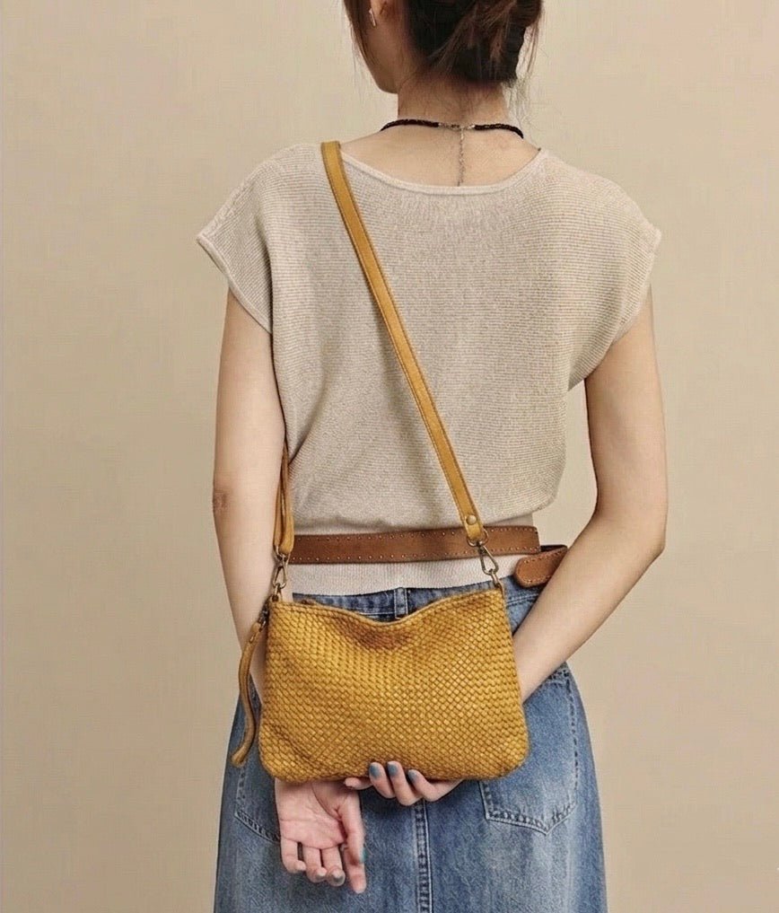 Elvaria Woven Handheld and Crossbody Bag in Calf Leather - Leather Italiano