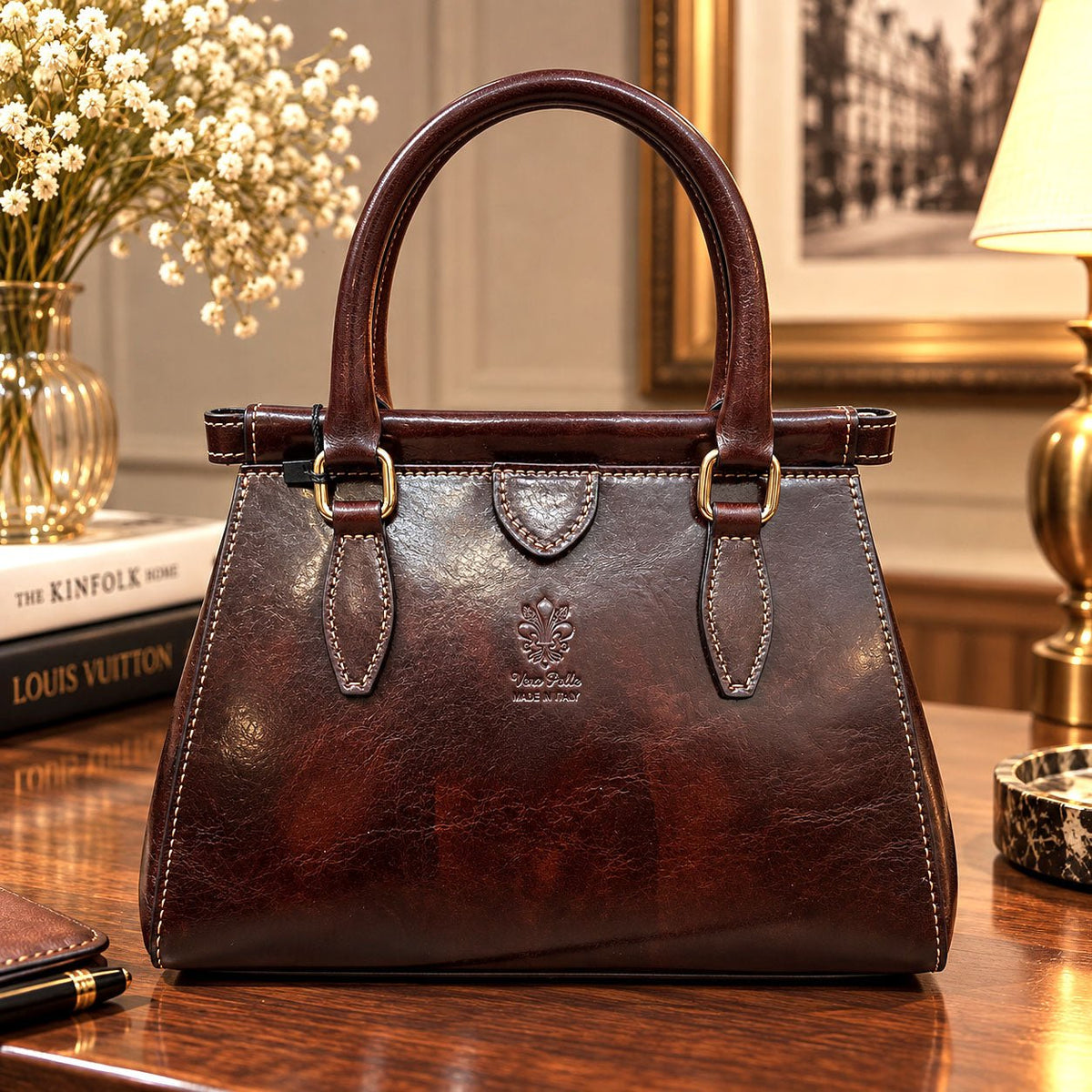 Ersilia Hand-Dyed Leather Spring-Frame Satchel - Leather Italiano