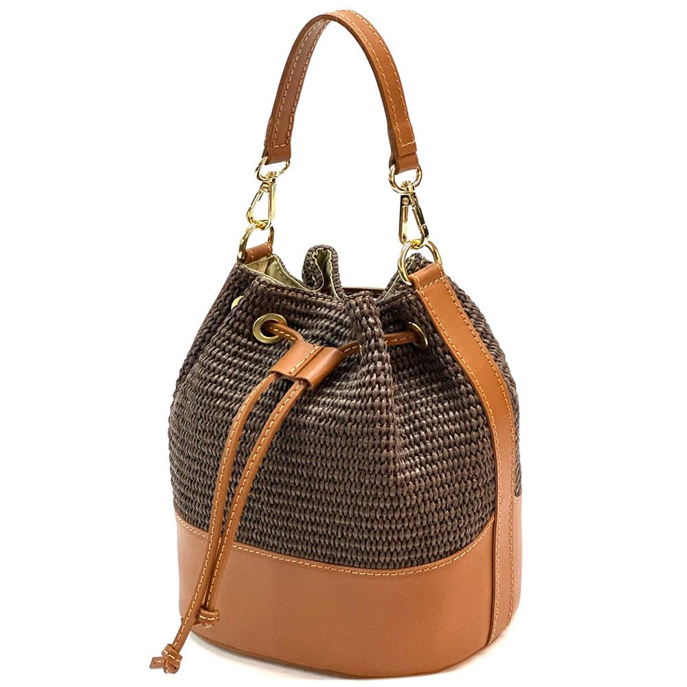 Ischia Bucket Bag in Raffia and Italian Leather - Leather Italiano