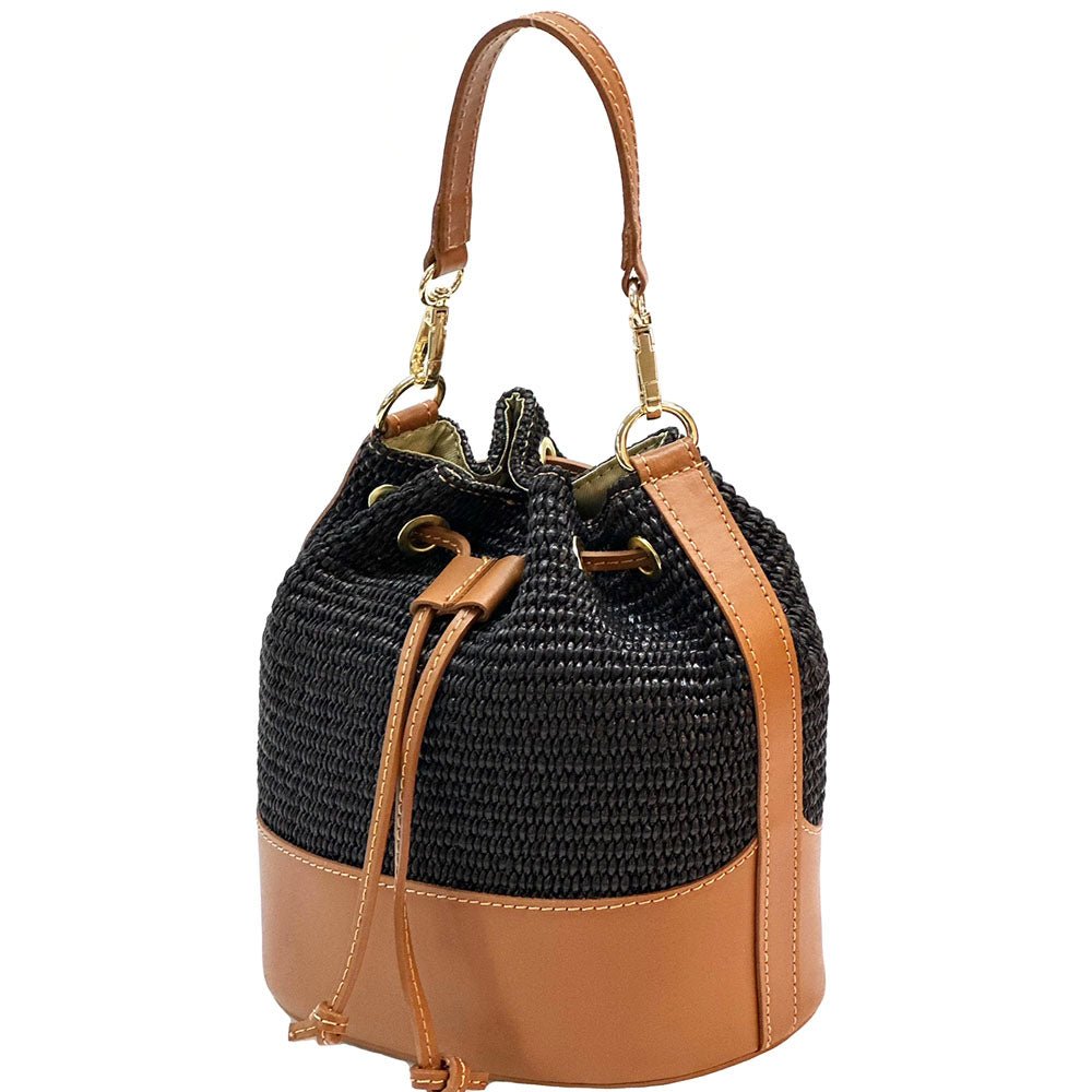 Ischia Bucket Bag in Raffia and Italian Leather - Leather Italiano