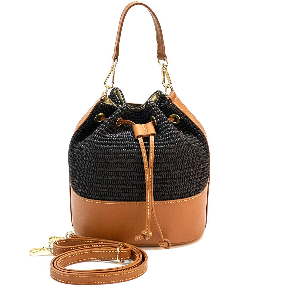 Ischia Bucket Bag in Raffia and Italian Leather - Leather Italiano