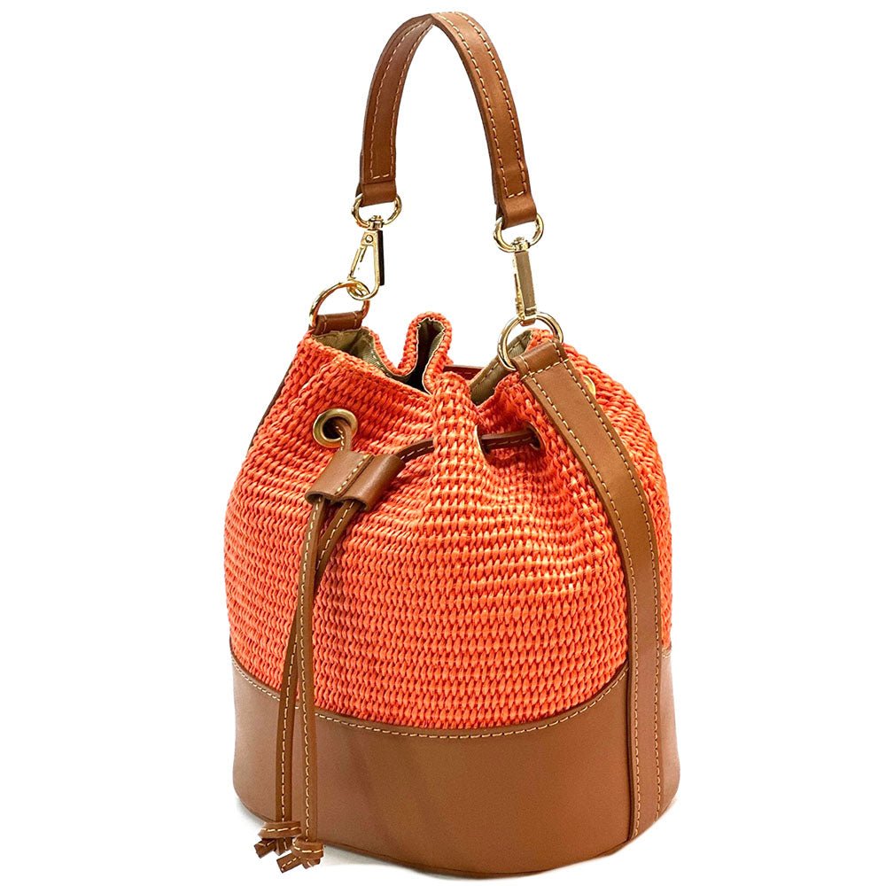 Ischia Bucket Bag in Raffia and Italian Leather - Leather Italiano