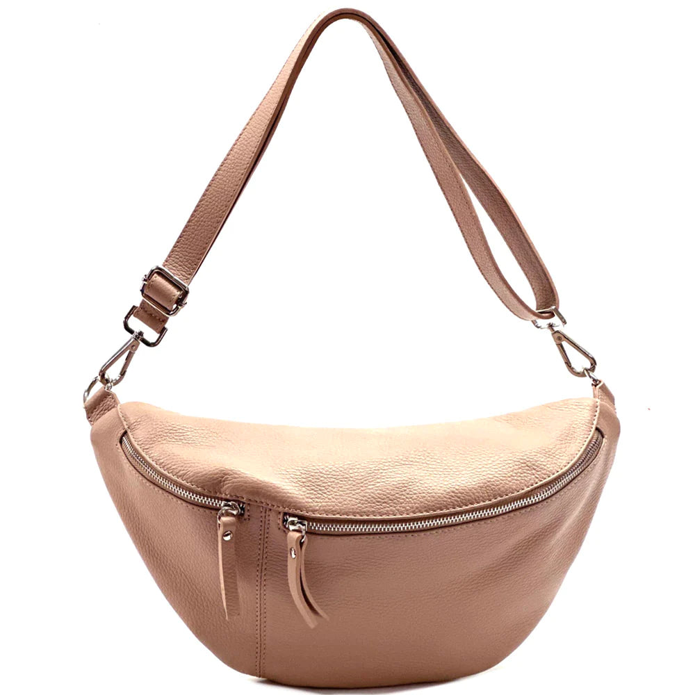 Stylish Pink Leather Waist Bag by Leather Italiano | Dual Zips & Adjustable Strap