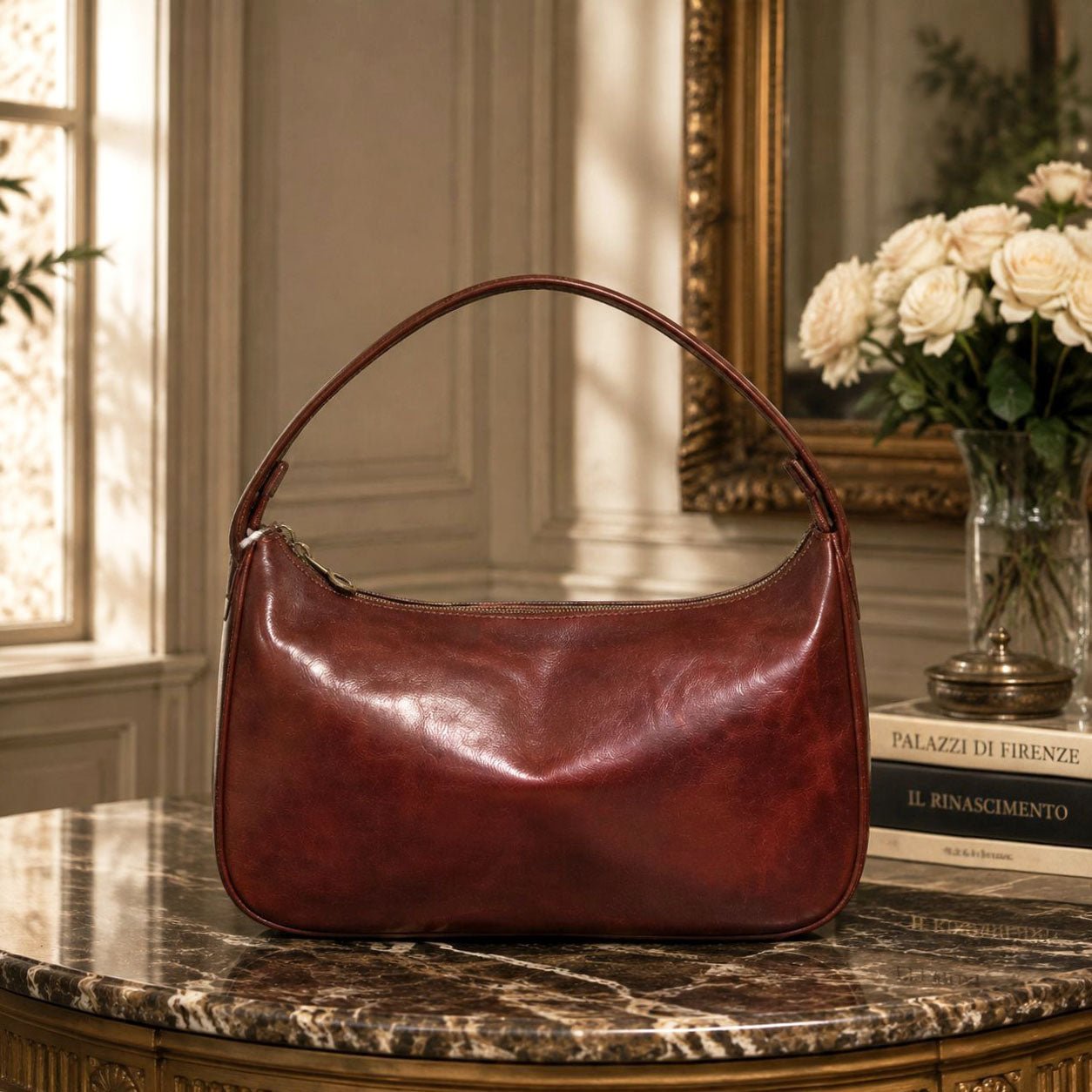 Leonia Hand-Dyed Italian Leather Crescent Hobo Bag - Leather Italiano
