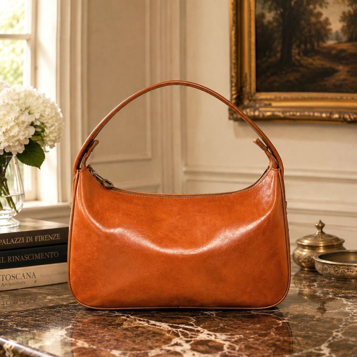 Leonia Hand-Dyed Italian Leather Crescent Hobo Bag - Leather Italiano