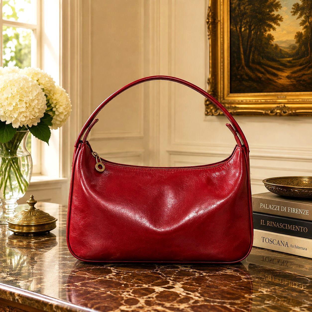 Leonia Hand-Dyed Italian Leather Crescent Hobo Bag - Leather Italiano