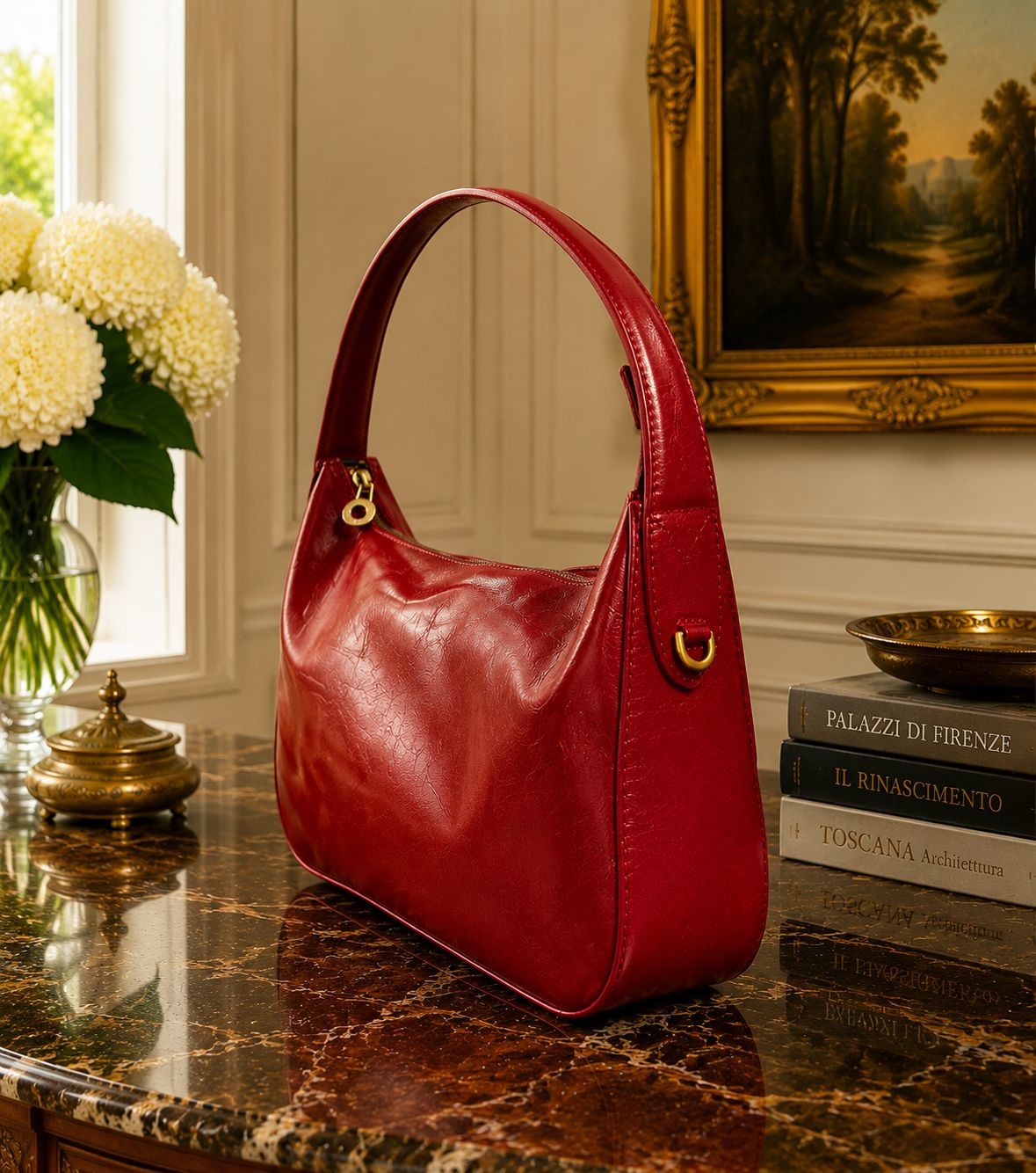 Leonia Hand-Dyed Italian Leather Crescent Hobo Bag - Leather Italiano