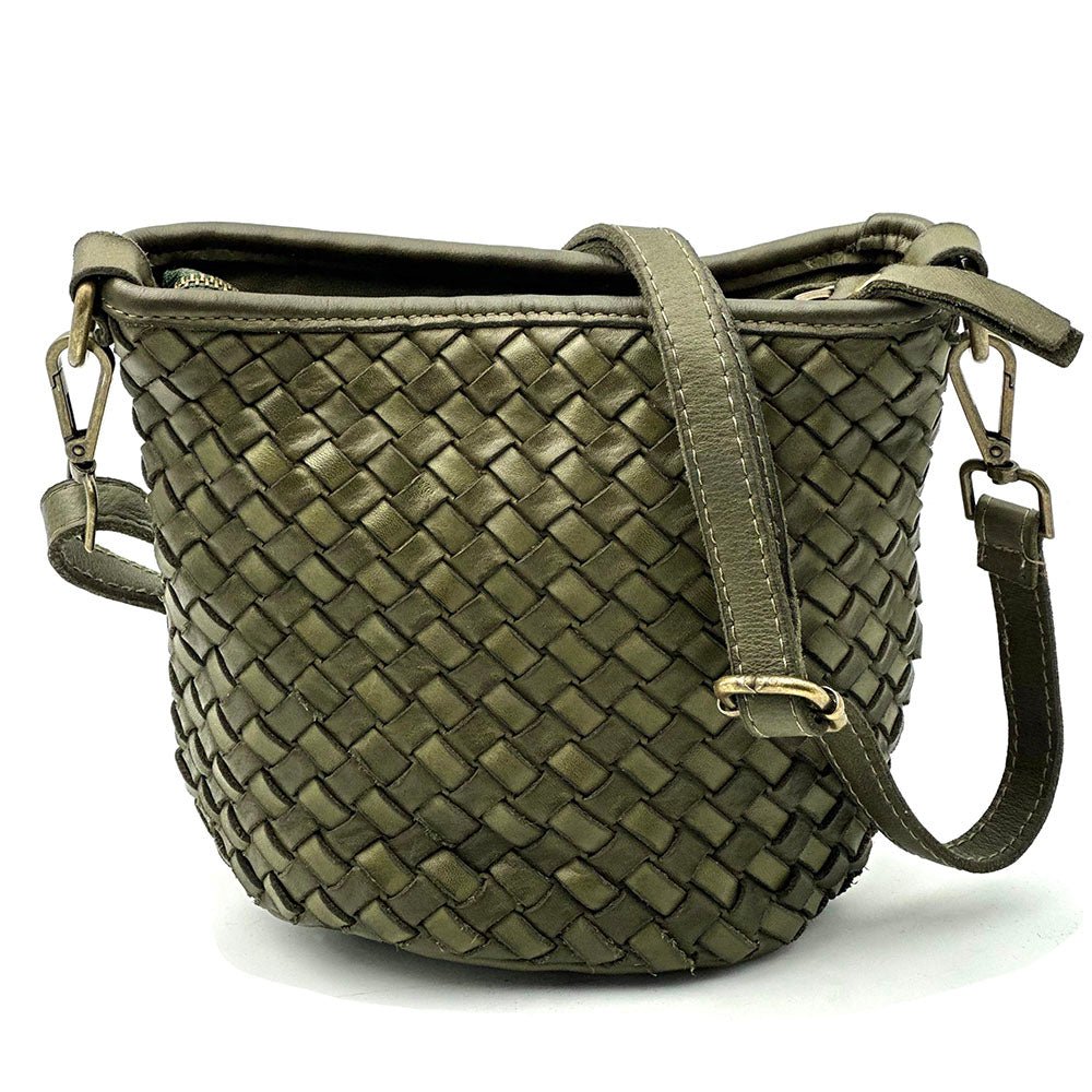 Terenzia Cow Leather Woven Bucket Crossbody Bag - Leather Italiano