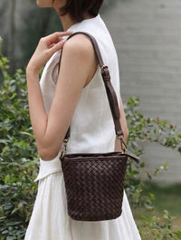 Terenzia Cow Leather Woven Bucket Crossbody Bag - Leather Italiano