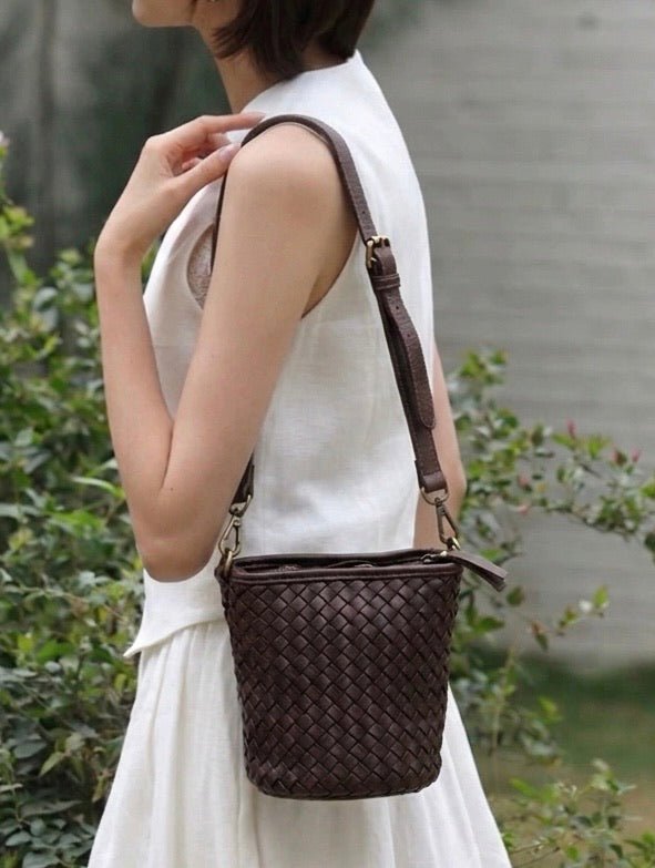 Terenzia Cow Leather Woven Bucket Crossbody Bag - Leather Italiano