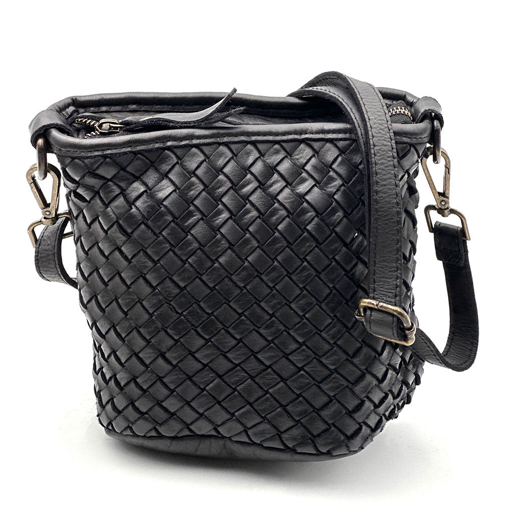Terenzia Cow Leather Woven Bucket Crossbody Bag - Leather Italiano