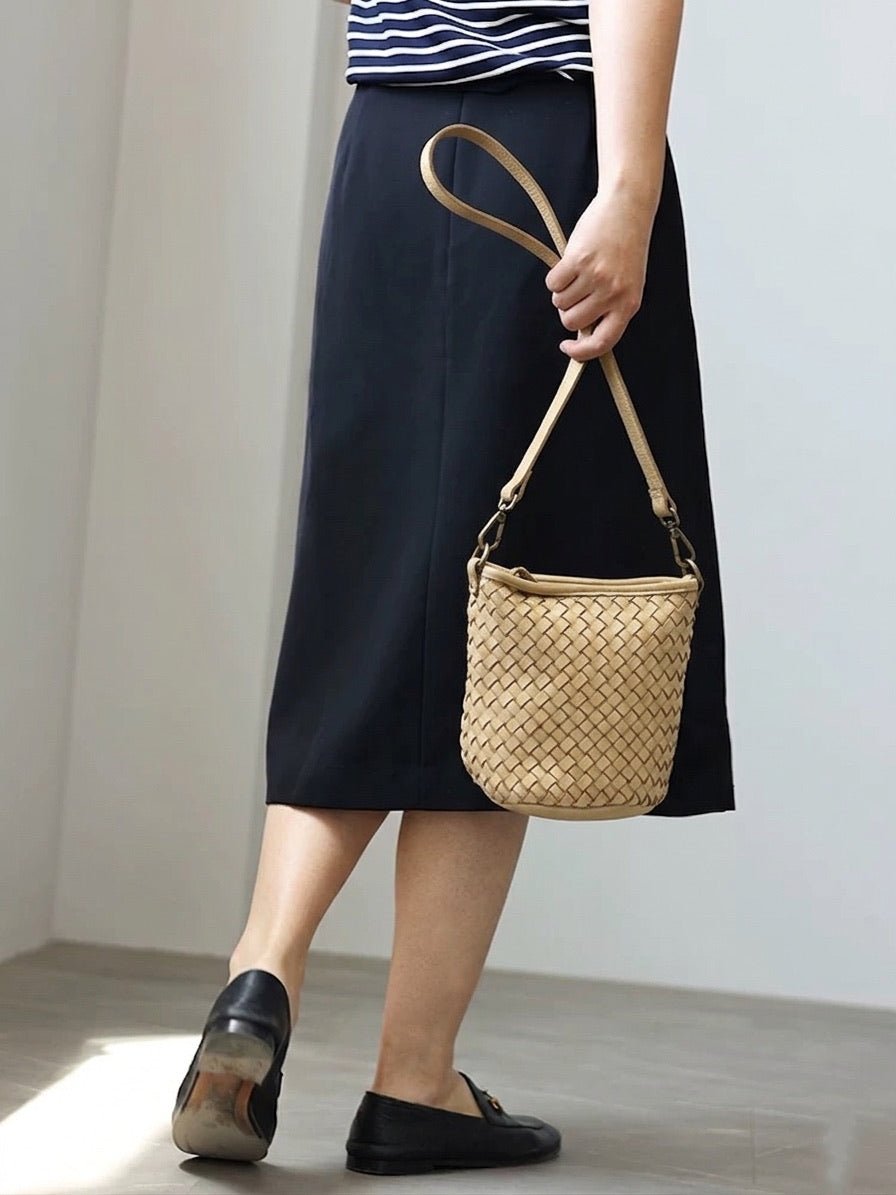 Terenzia Cow Leather Woven Bucket Crossbody Bag - Leather Italiano