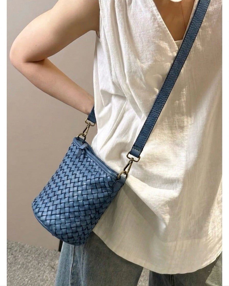 Terenzia Cow Leather Woven Bucket Crossbody Bag - Leather Italiano