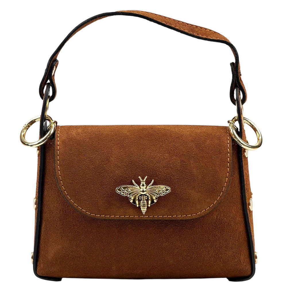 Virginia Italian Suede Mini Bag - Golden Bee Detail, Handmade in Florence - Leather Italiano
