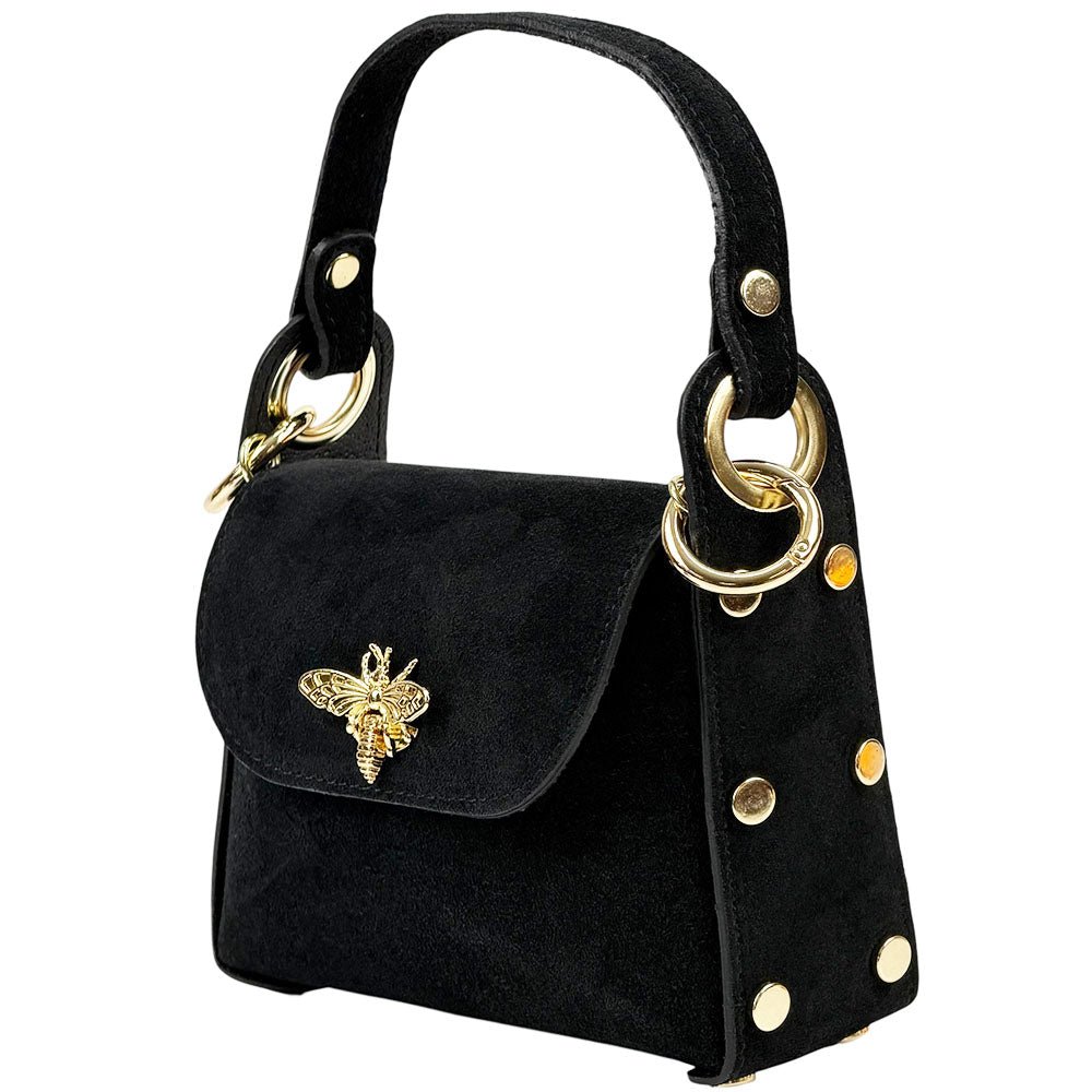 Virginia Italian Suede Mini Bag - Golden Bee Detail, Handmade in Florence - Leather Italiano