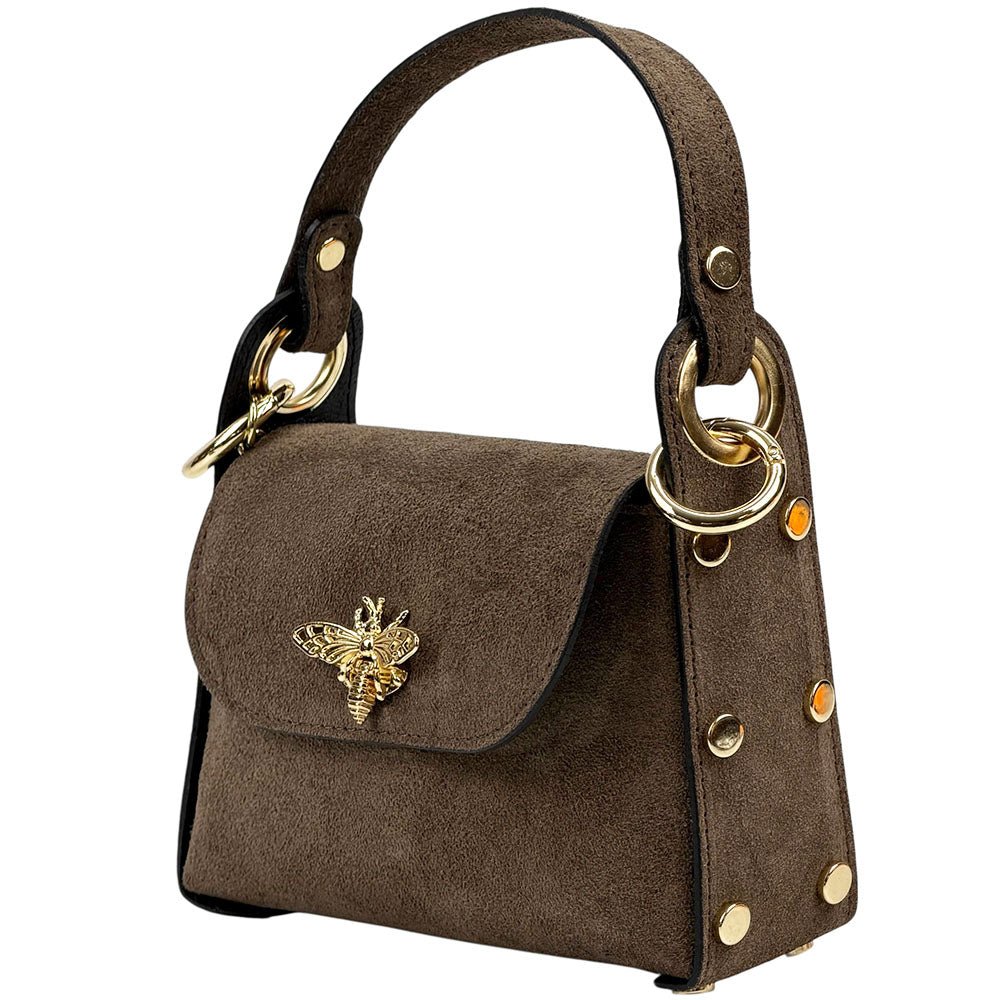 Virginia Italian Suede Mini Bag - Golden Bee Detail, Handmade in Florence - Leather Italiano