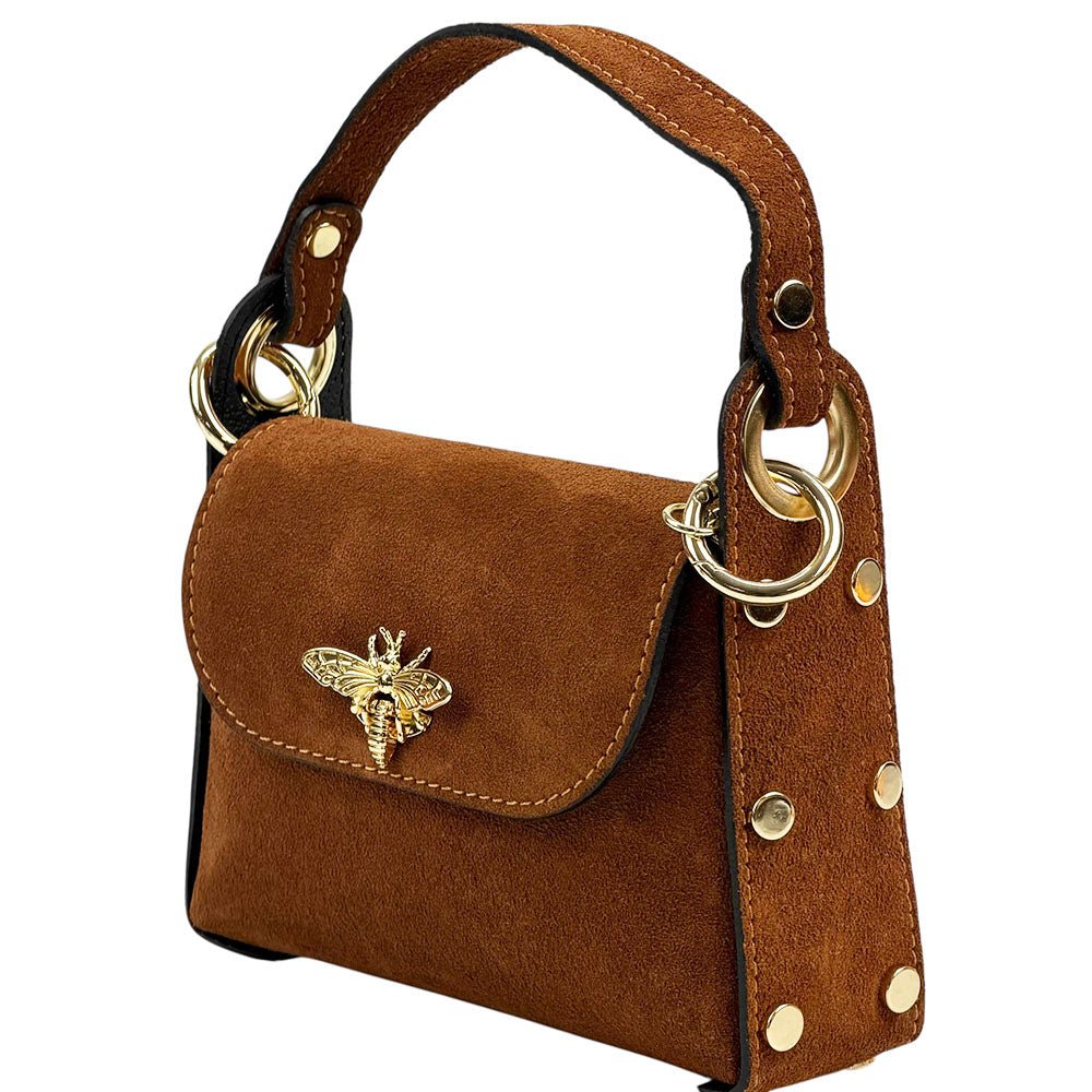 Virginia Italian Suede Mini Bag - Golden Bee Detail, Handmade in Florence - Leather Italiano
